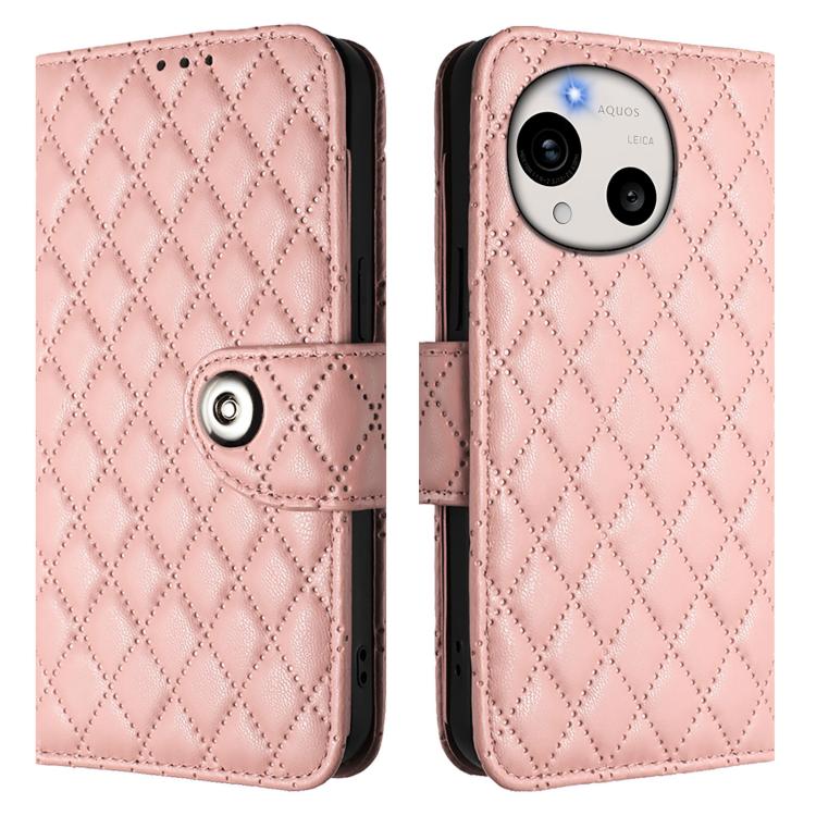 For Sharp Aquos R11 Rhombic Texture Flip Leather Phone Case with Lanyard