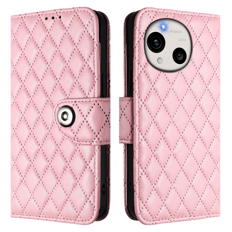 For Sharp Aquos R11 Rhombic Texture Flip Leather Phone Case with Lanyard