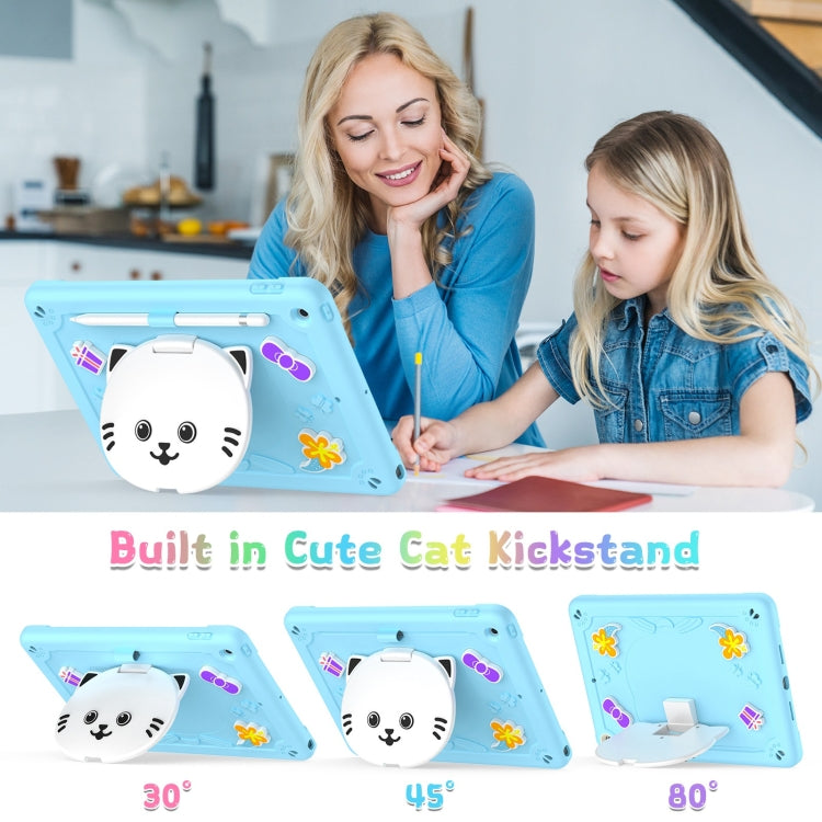 For iPad 10.2 2021 / 2020 / 2019 Cat Holder Silicone Hybrid PC Tablet Case with Strap