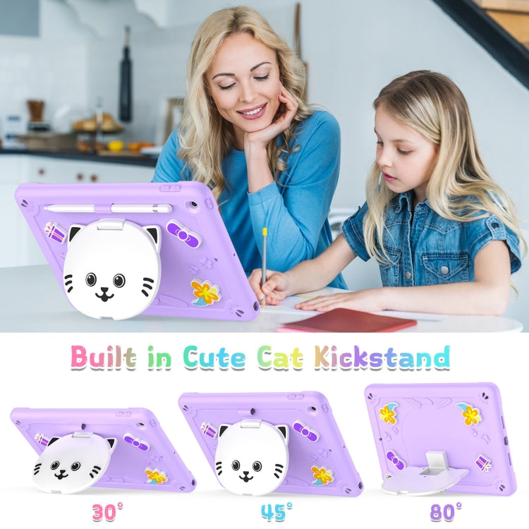 For iPad 10.2 2021 / 2020 / 2019 Cat Holder Silicone Hybrid PC Tablet Case with Strap