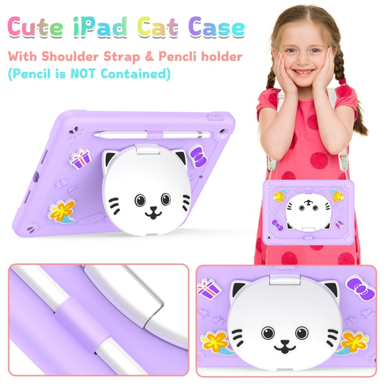 For iPad 10.2 2021 / 2020 / 2019 Cat Holder Silicone Hybrid PC Tablet Case with Strap