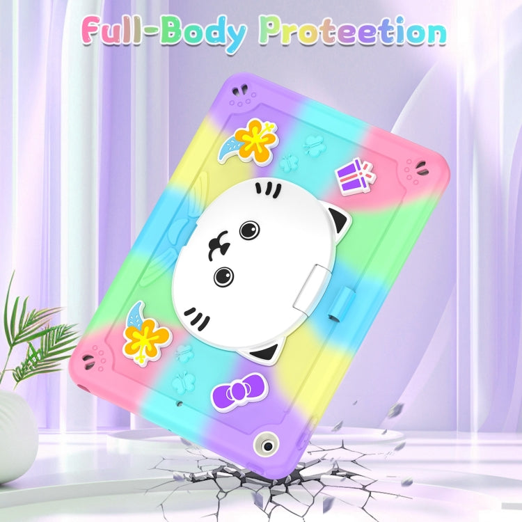For iPad 10.2 2021 / 2020 / 2019 Cat Holder Silicone Hybrid PC Tablet Case with Strap