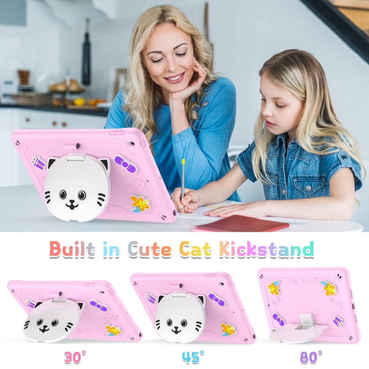 For iPad 10.2 2021 / 2020 / 2019 Cat Holder Silicone Hybrid PC Tablet Case with Strap