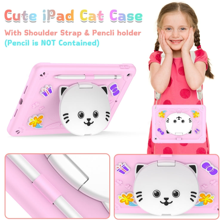For iPad 10.2 2021 / 2020 / 2019 Cat Holder Silicone Hybrid PC Tablet Case with Strap