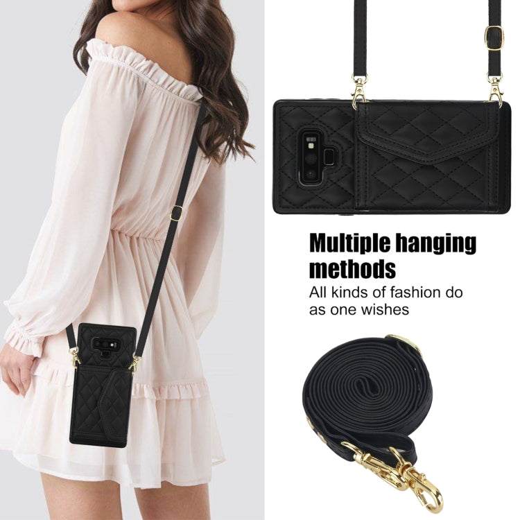 For Samsung Galaxy Note9 Splicing Rhombic Texture Card Bag Phone Case with Long Lanyard