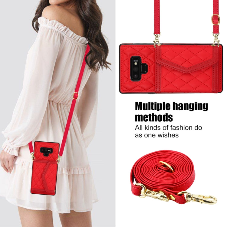 For Samsung Galaxy Note9 Splicing Rhombic Texture Card Bag Phone Case with Long Lanyard