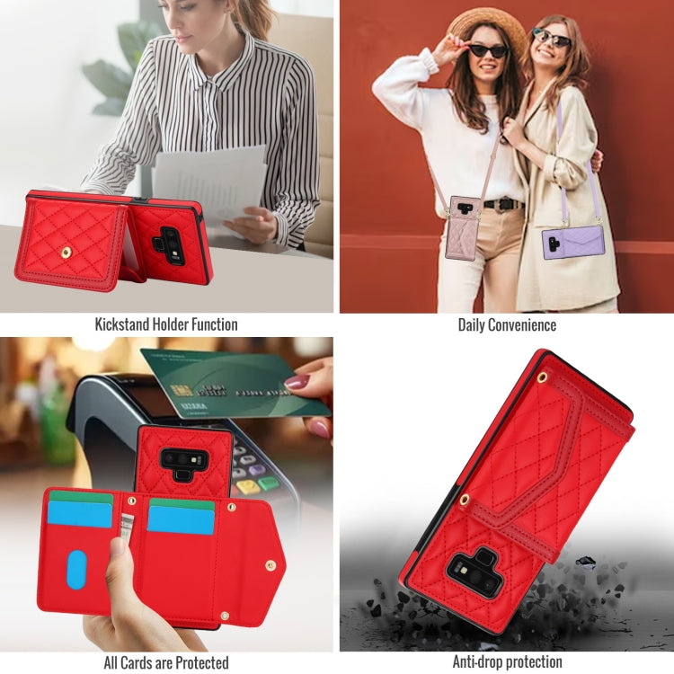 For Samsung Galaxy Note9 Splicing Rhombic Texture Card Bag Phone Case with Long Lanyard