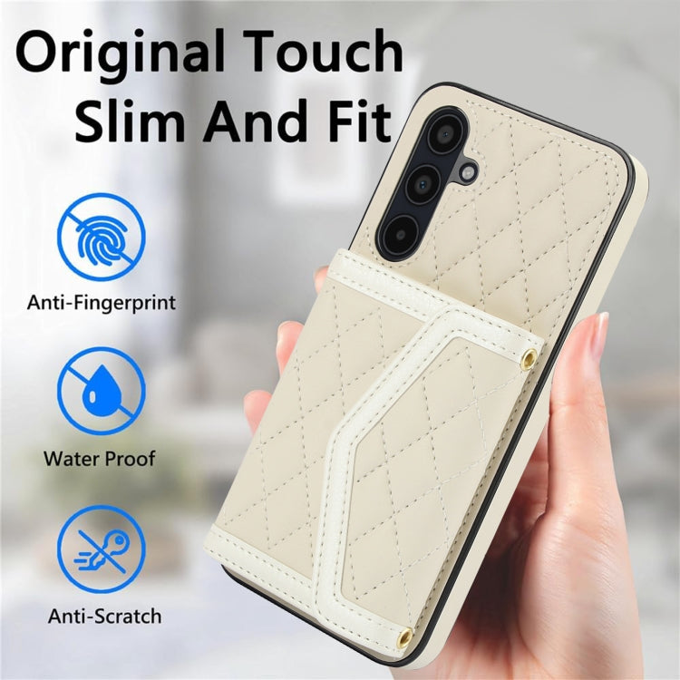 For Samsung Galaxy A35 5G Splicing Rhombic Texture Card Bag Phone Case with Long Lanyard