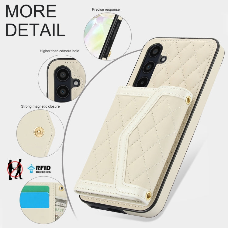 For Samsung Galaxy A35 5G Splicing Rhombic Texture Card Bag Phone Case with Long Lanyard