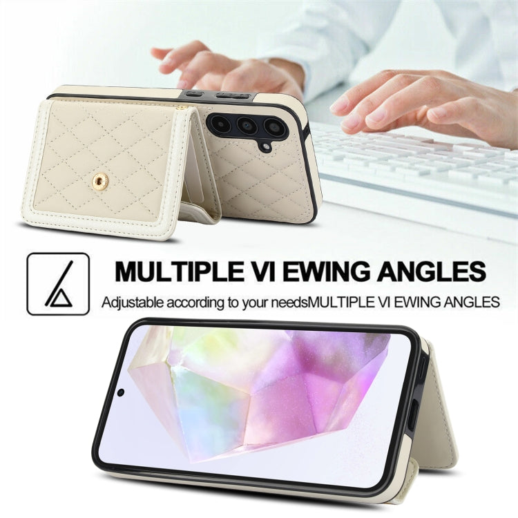 For Samsung Galaxy A35 5G Splicing Rhombic Texture Card Bag Phone Case with Long Lanyard