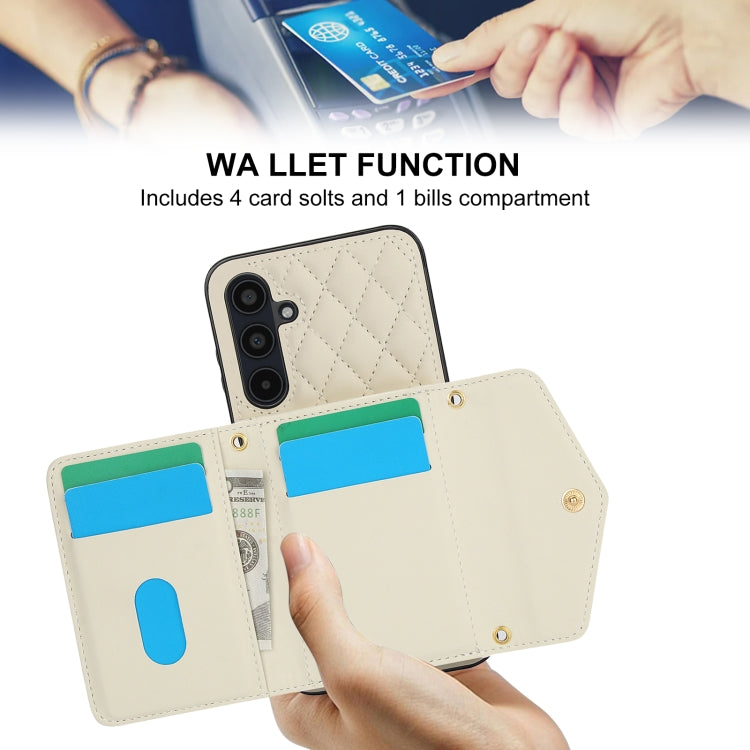 For Samsung Galaxy A35 5G Splicing Rhombic Texture Card Bag Phone Case with Long Lanyard