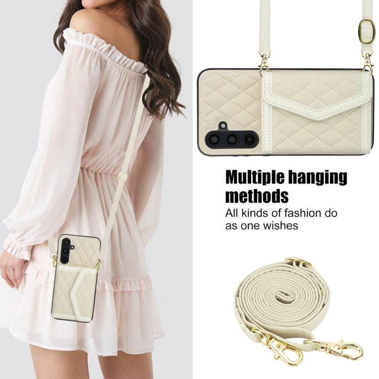For Samsung Galaxy A35 5G Splicing Rhombic Texture Card Bag Phone Case with Long Lanyard
