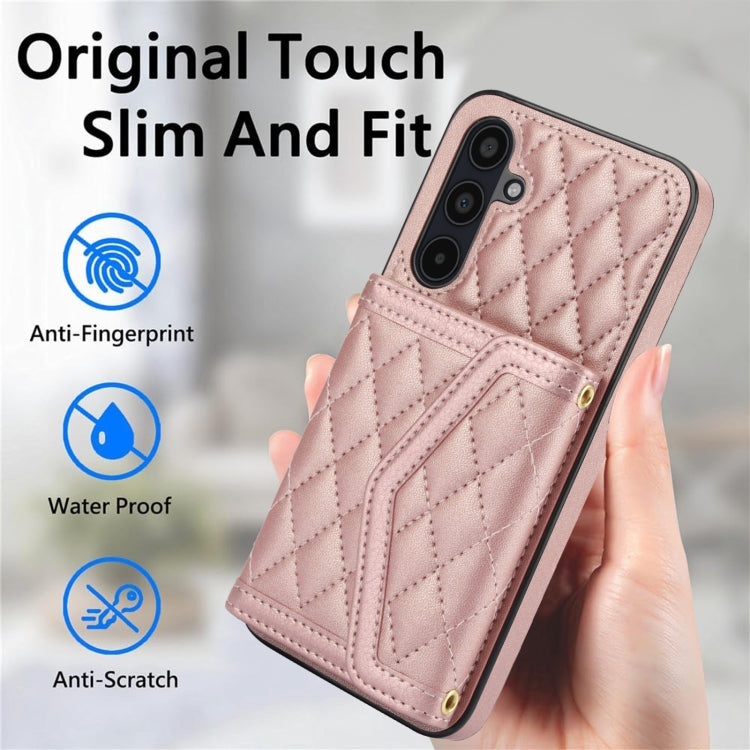 For Samsung Galaxy A35 5G Splicing Rhombic Texture Card Bag Phone Case with Long Lanyard