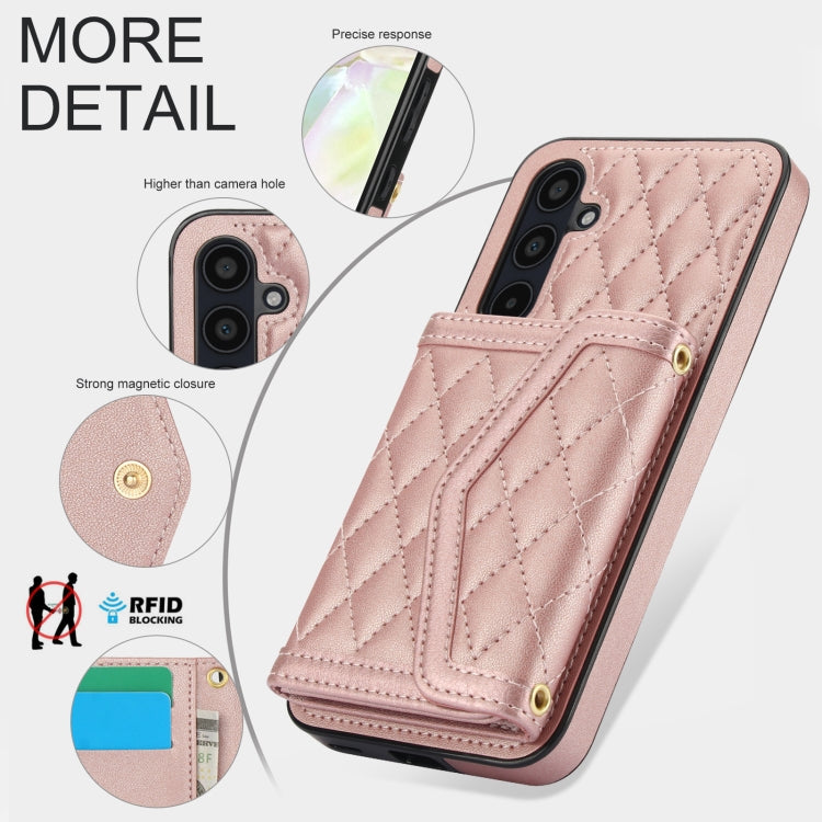 For Samsung Galaxy A35 5G Splicing Rhombic Texture Card Bag Phone Case with Long Lanyard
