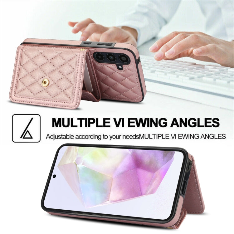 For Samsung Galaxy A35 5G Splicing Rhombic Texture Card Bag Phone Case with Long Lanyard