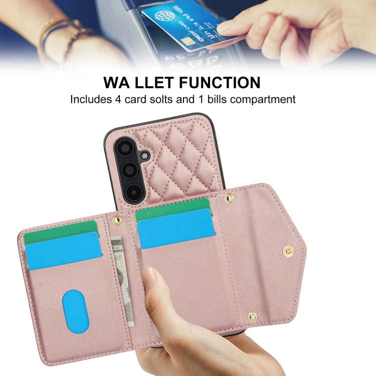 For Samsung Galaxy A35 5G Splicing Rhombic Texture Card Bag Phone Case with Long Lanyard