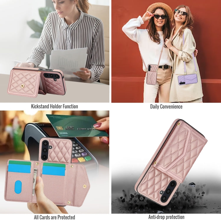 For Samsung Galaxy A35 5G Splicing Rhombic Texture Card Bag Phone Case with Long Lanyard