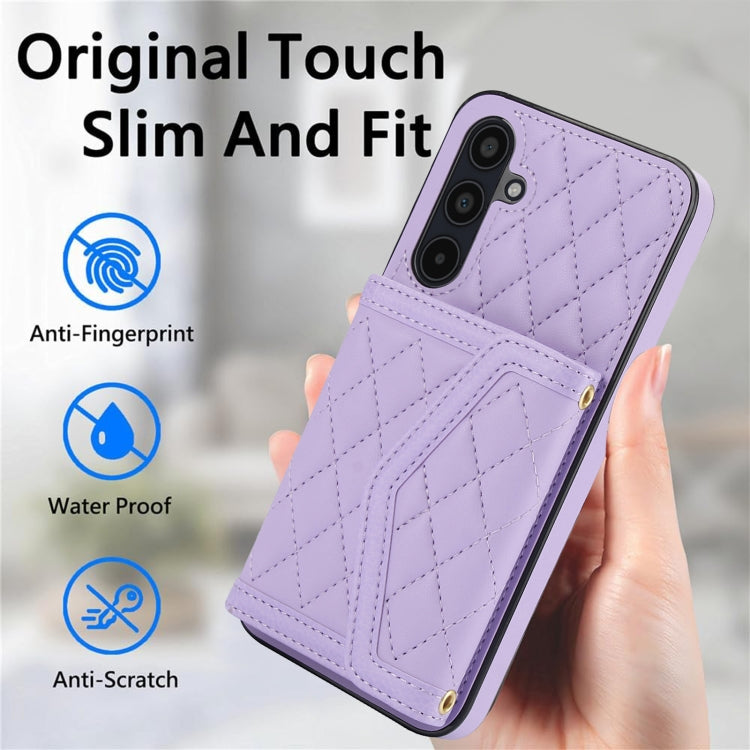 For Samsung Galaxy A35 5G Splicing Rhombic Texture Card Bag Phone Case with Long Lanyard