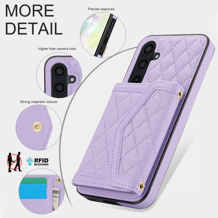 For Samsung Galaxy A35 5G Splicing Rhombic Texture Card Bag Phone Case with Long Lanyard