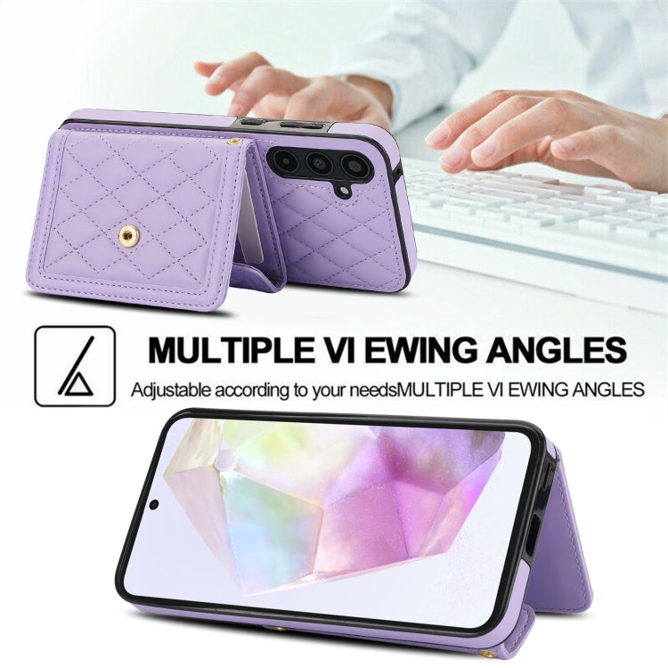 For Samsung Galaxy A35 5G Splicing Rhombic Texture Card Bag Phone Case with Long Lanyard