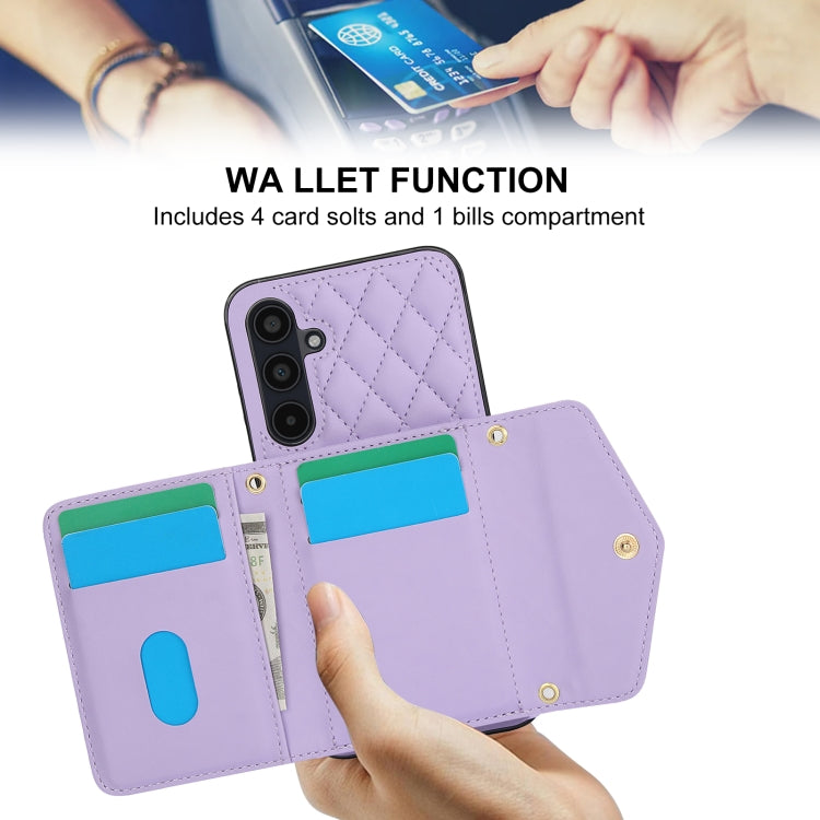 For Samsung Galaxy A35 5G Splicing Rhombic Texture Card Bag Phone Case with Long Lanyard