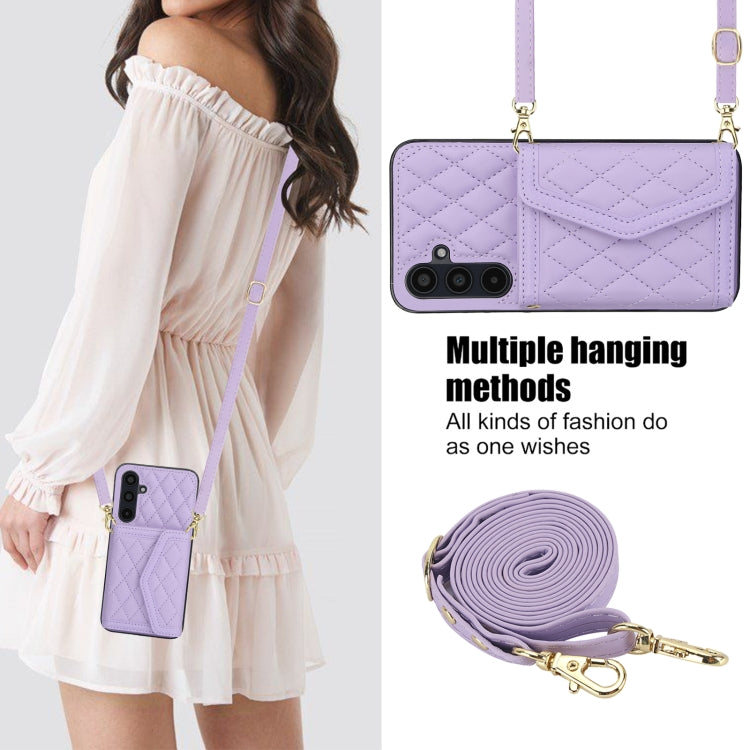 For Samsung Galaxy A35 5G Splicing Rhombic Texture Card Bag Phone Case with Long Lanyard