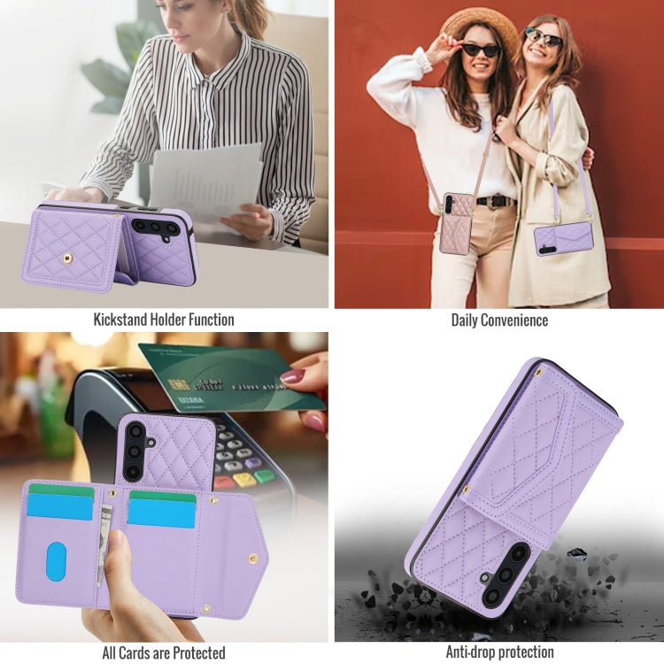 For Samsung Galaxy A35 5G Splicing Rhombic Texture Card Bag Phone Case with Long Lanyard