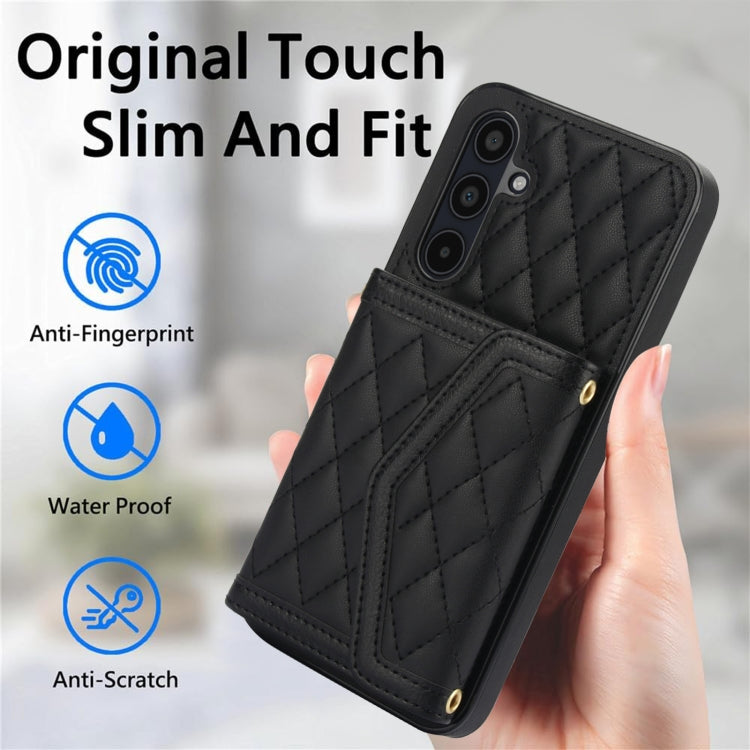 For Samsung Galaxy A35 5G Splicing Rhombic Texture Card Bag Phone Case with Long Lanyard