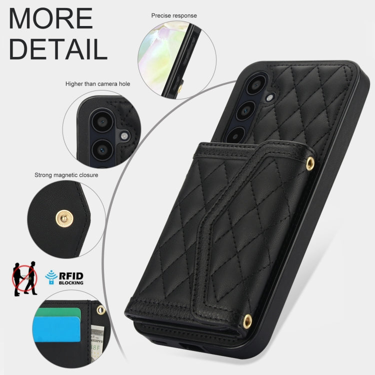 For Samsung Galaxy A35 5G Splicing Rhombic Texture Card Bag Phone Case with Long Lanyard