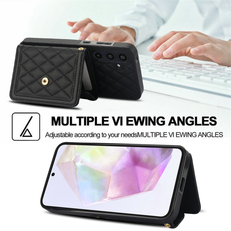 For Samsung Galaxy A35 5G Splicing Rhombic Texture Card Bag Phone Case with Long Lanyard