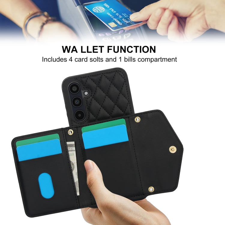 For Samsung Galaxy A35 5G Splicing Rhombic Texture Card Bag Phone Case with Long Lanyard