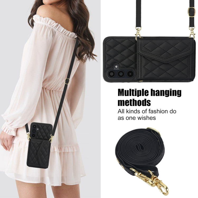 For Samsung Galaxy A35 5G Splicing Rhombic Texture Card Bag Phone Case with Long Lanyard