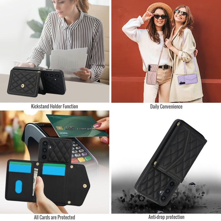 For Samsung Galaxy A35 5G Splicing Rhombic Texture Card Bag Phone Case with Long Lanyard