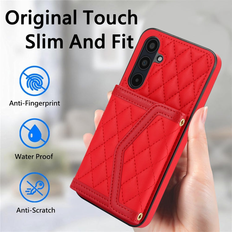 For Samsung Galaxy A35 5G Splicing Rhombic Texture Card Bag Phone Case with Long Lanyard