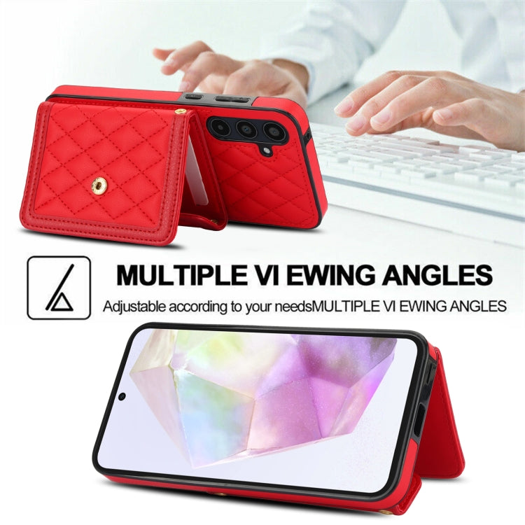 For Samsung Galaxy A35 5G Splicing Rhombic Texture Card Bag Phone Case with Long Lanyard