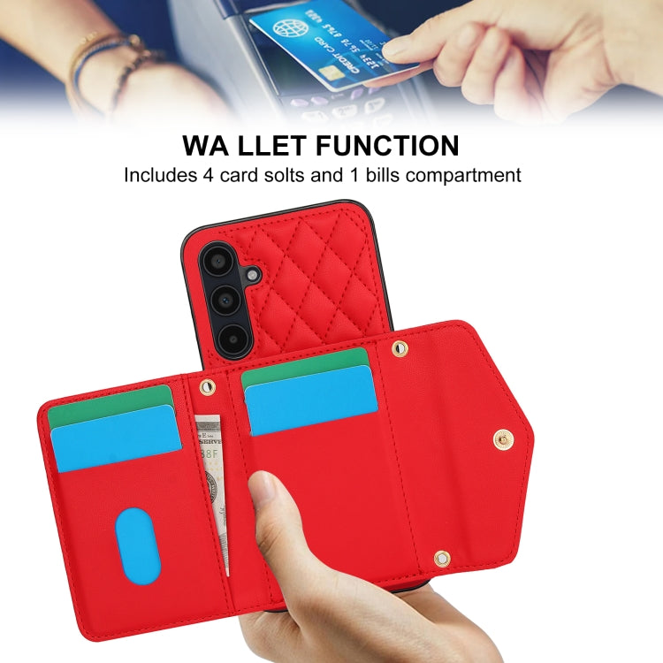 For Samsung Galaxy A35 5G Splicing Rhombic Texture Card Bag Phone Case with Long Lanyard