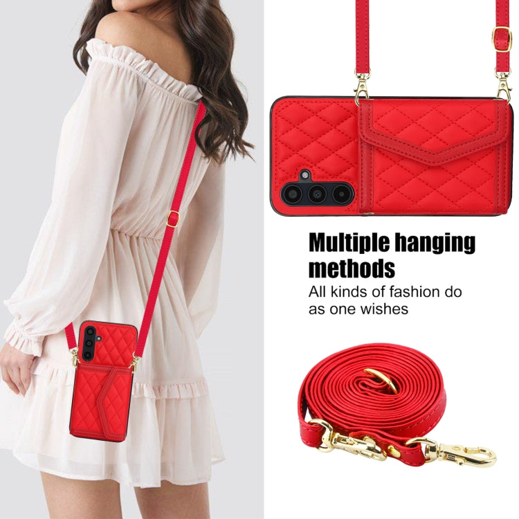 For Samsung Galaxy A35 5G Splicing Rhombic Texture Card Bag Phone Case with Long Lanyard