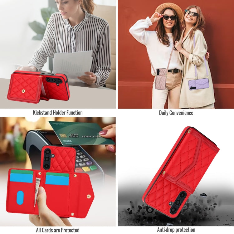 For Samsung Galaxy A35 5G Splicing Rhombic Texture Card Bag Phone Case with Long Lanyard