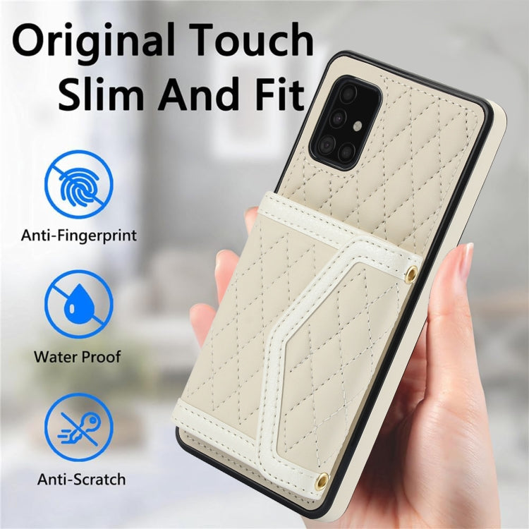 For Samsung Galaxy A51 5G Splicing Rhombic Texture Card Bag Phone Case with Long Lanyard