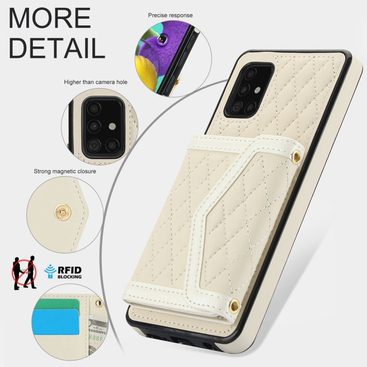For Samsung Galaxy A51 5G Splicing Rhombic Texture Card Bag Phone Case with Long Lanyard