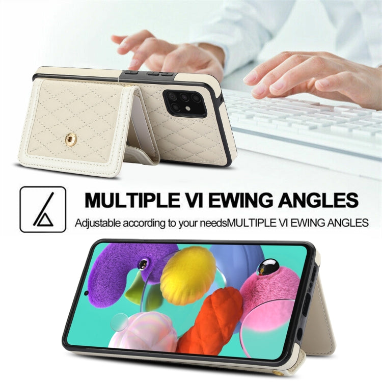 For Samsung Galaxy A51 5G Splicing Rhombic Texture Card Bag Phone Case with Long Lanyard