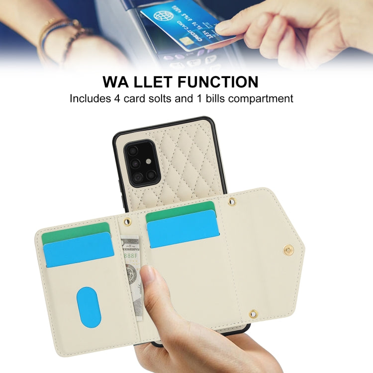 For Samsung Galaxy A51 5G Splicing Rhombic Texture Card Bag Phone Case with Long Lanyard