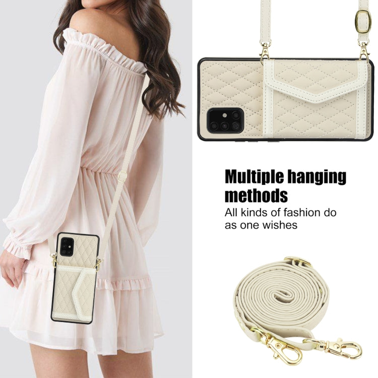 For Samsung Galaxy A51 5G Splicing Rhombic Texture Card Bag Phone Case with Long Lanyard