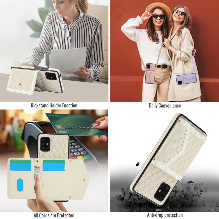For Samsung Galaxy A51 5G Splicing Rhombic Texture Card Bag Phone Case with Long Lanyard