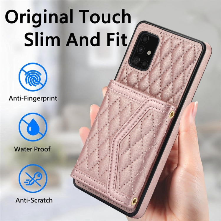 For Samsung Galaxy A51 5G Splicing Rhombic Texture Card Bag Phone Case with Long Lanyard