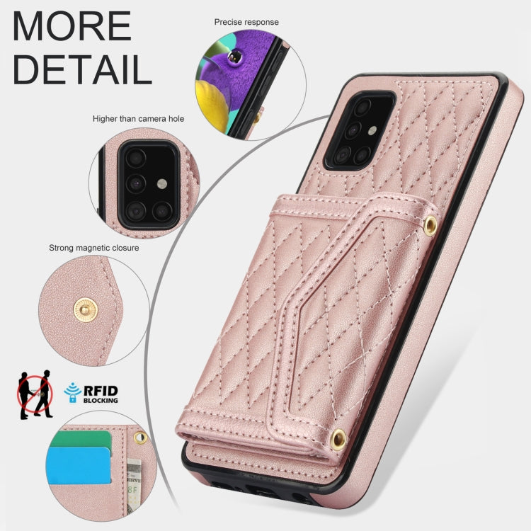 For Samsung Galaxy A51 5G Splicing Rhombic Texture Card Bag Phone Case with Long Lanyard