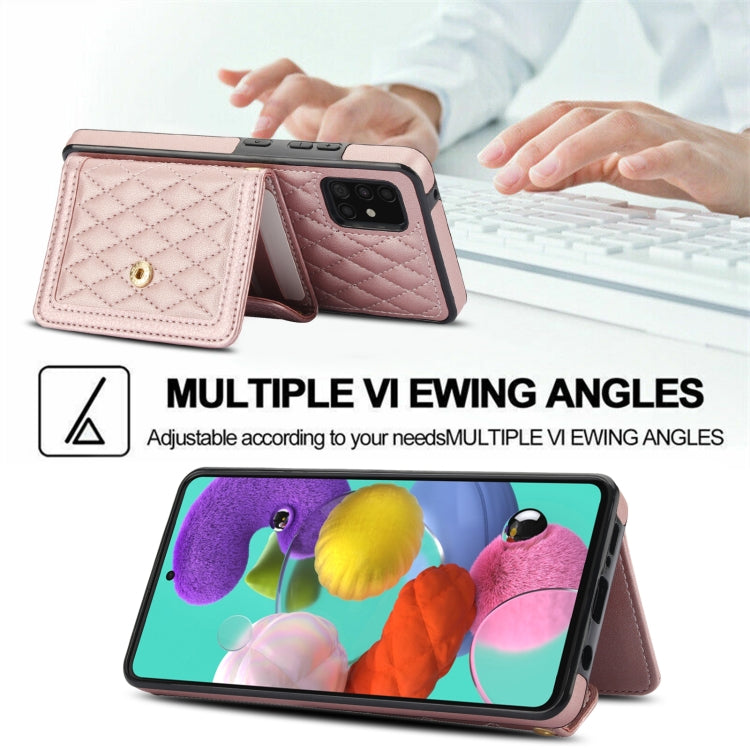For Samsung Galaxy A51 5G Splicing Rhombic Texture Card Bag Phone Case with Long Lanyard