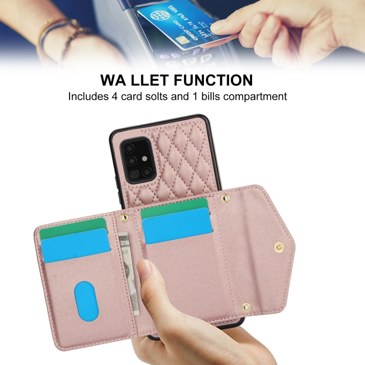 For Samsung Galaxy A51 5G Splicing Rhombic Texture Card Bag Phone Case with Long Lanyard