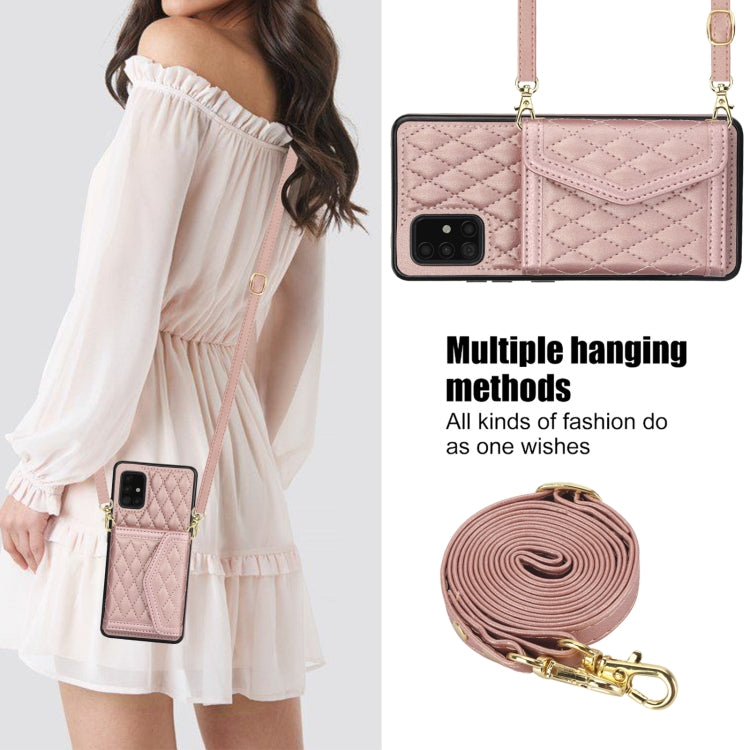 For Samsung Galaxy A51 5G Splicing Rhombic Texture Card Bag Phone Case with Long Lanyard