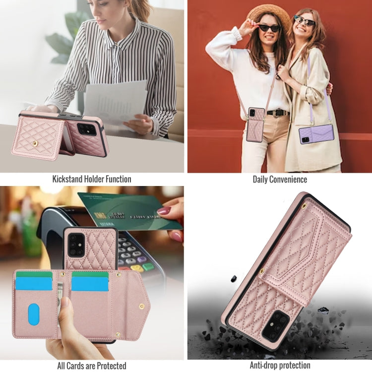 For Samsung Galaxy A51 5G Splicing Rhombic Texture Card Bag Phone Case with Long Lanyard